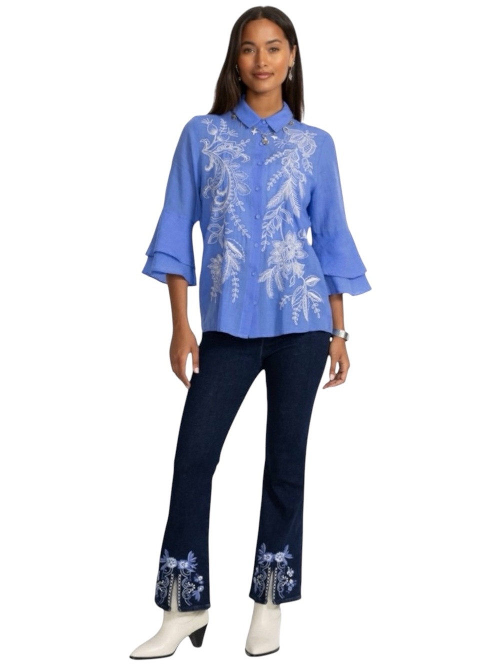 Johnny Was 3/4 Flounce Sleeve Embroidered Ramie Blouse Roberta Baja Blue XL NWT - Picture 14 of 16